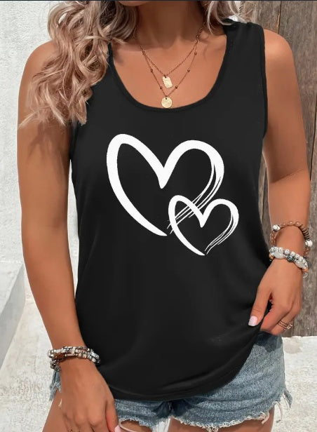 Hearts Print Crew Neck Tank Top