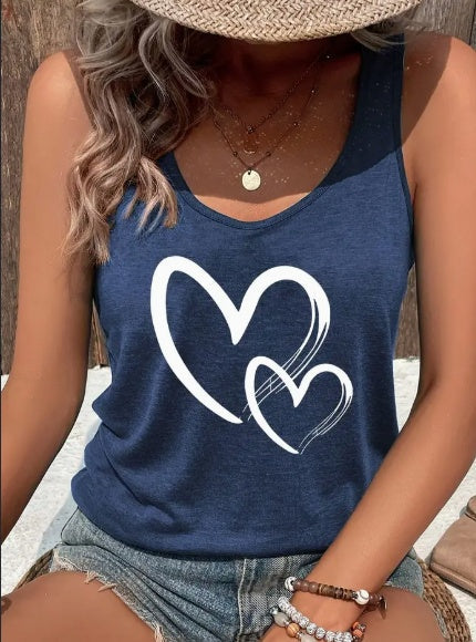 Hearts Print Crew Neck Tank Top