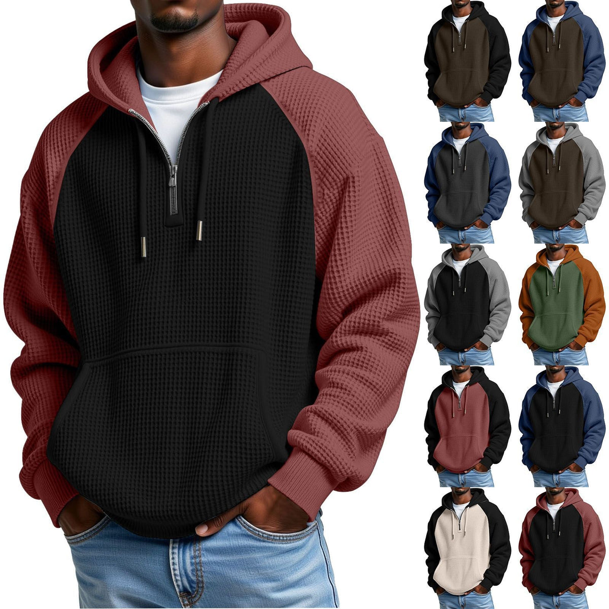 Waffle-knit Long-sleeve Hoodie